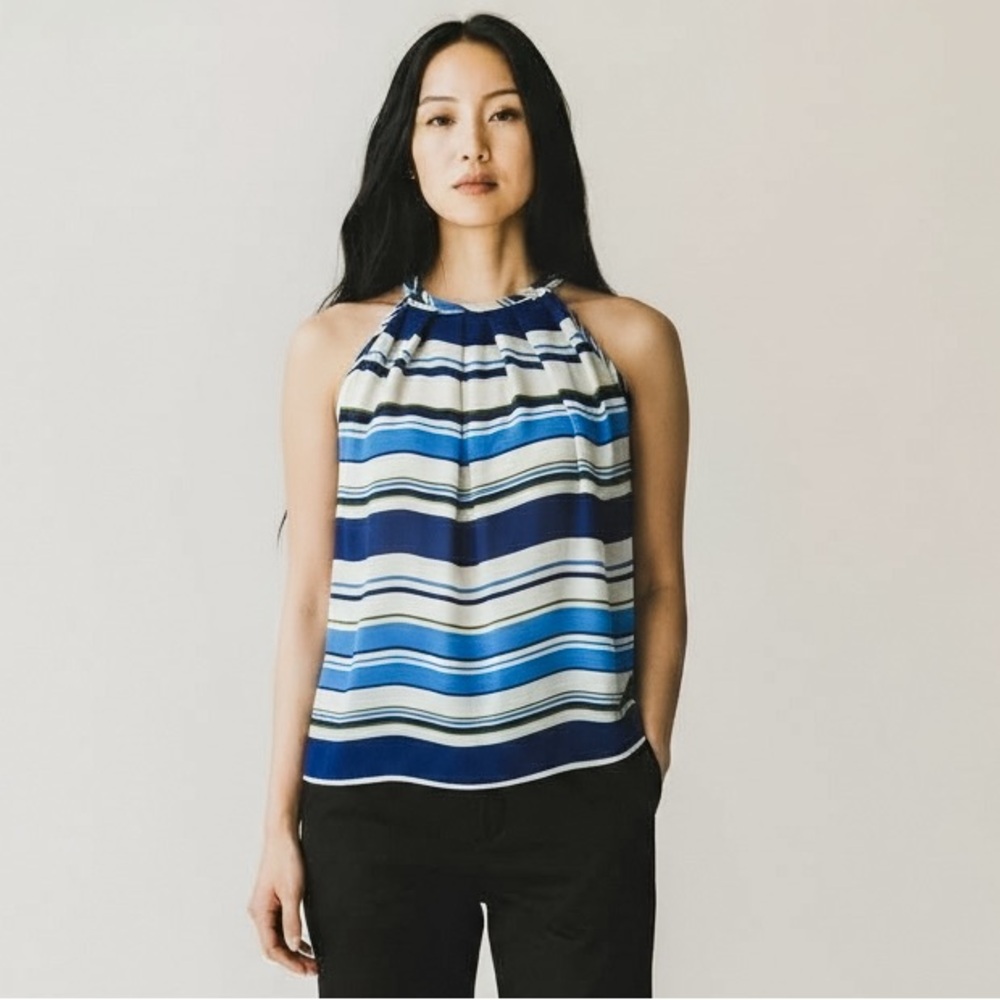 Kenar Navy and Cream Striped Sleeveless Blouse Top